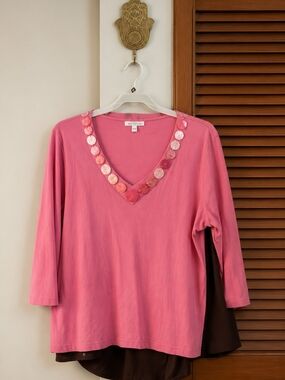Rafaella Pink V-Neck Long Sleeve Top with Sequin Trim